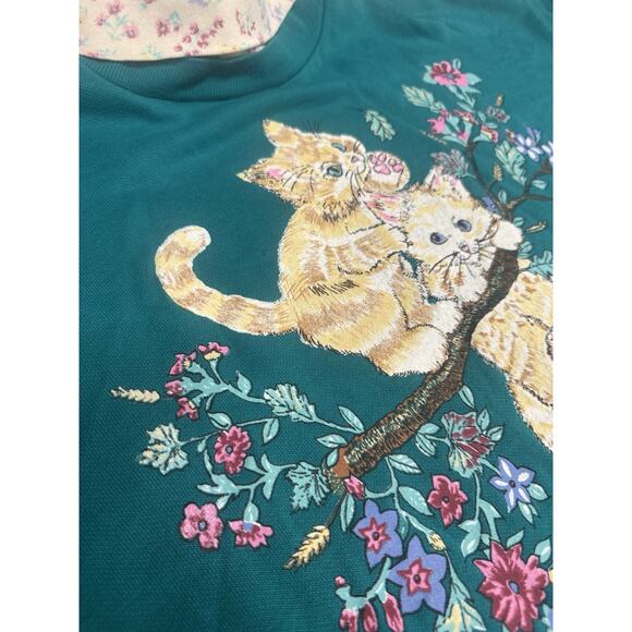 Vintage Basic Editions Teal Large Playful Kittens Floral Sweatshirt Turtleneck - Picture 9 of 12